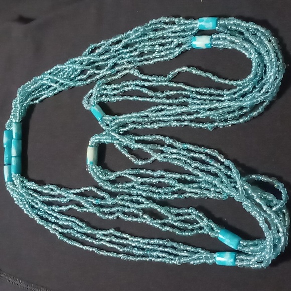 Long or layered glass seed bead aquamarine necklace 48 inches long - Picture 5 of 9